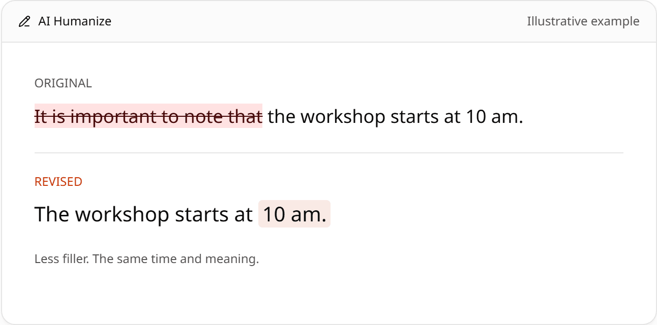 Before-and-after example: removing an unnecessary introduction preserves the workshop start time of 10 am.