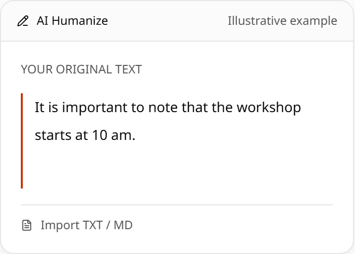 Paste the workshop draft in the original-text area, or import a TXT or Markdown file.