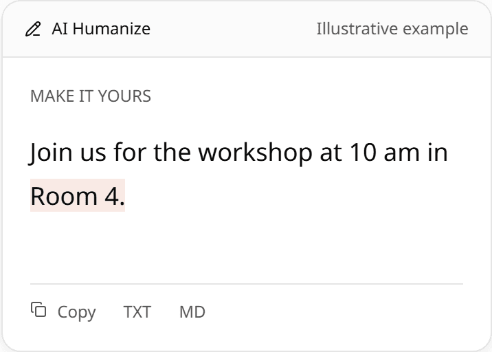 Add Room 4 as a manual edit, then copy the result or download a TXT or Markdown file.